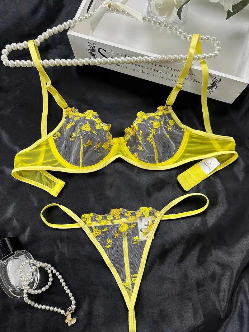 Sexy Dessous-Set, Damenunterwäsche (2-teiliges Set mit String), verführerische Reizwäsche, bestickter BH und Tanga