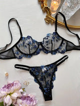 Besticktes BH Set | Dessous Set mit Blumenmuster - Embroidery Lingerie Set, 2-tlg