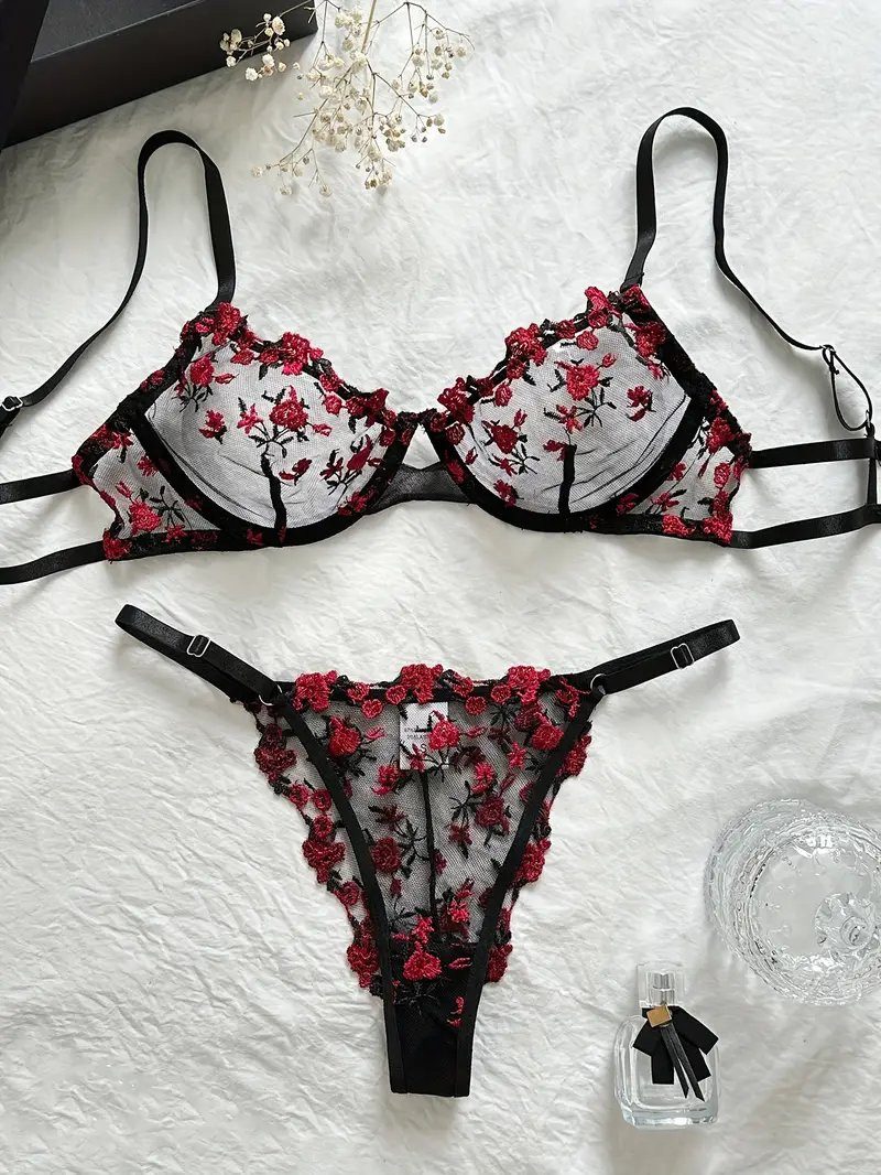 Sexy BH-Set mit Blumenmuster, 2-tlg., besticktes Dessous-Set mit String, luxuriöse Unterwäsche für Damen