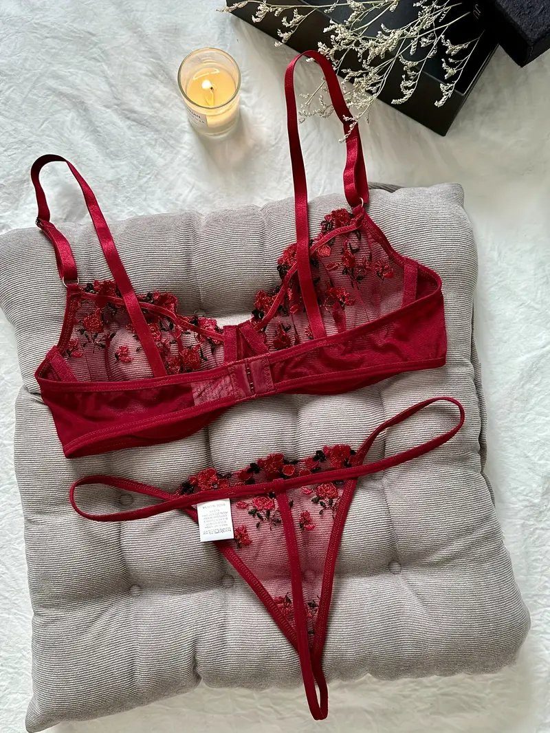 Sexy Dessous-Set, Damenunterwäsche (2-teiliges Set mit String), verführerische Reizwäsche, bestickter BH und Tanga