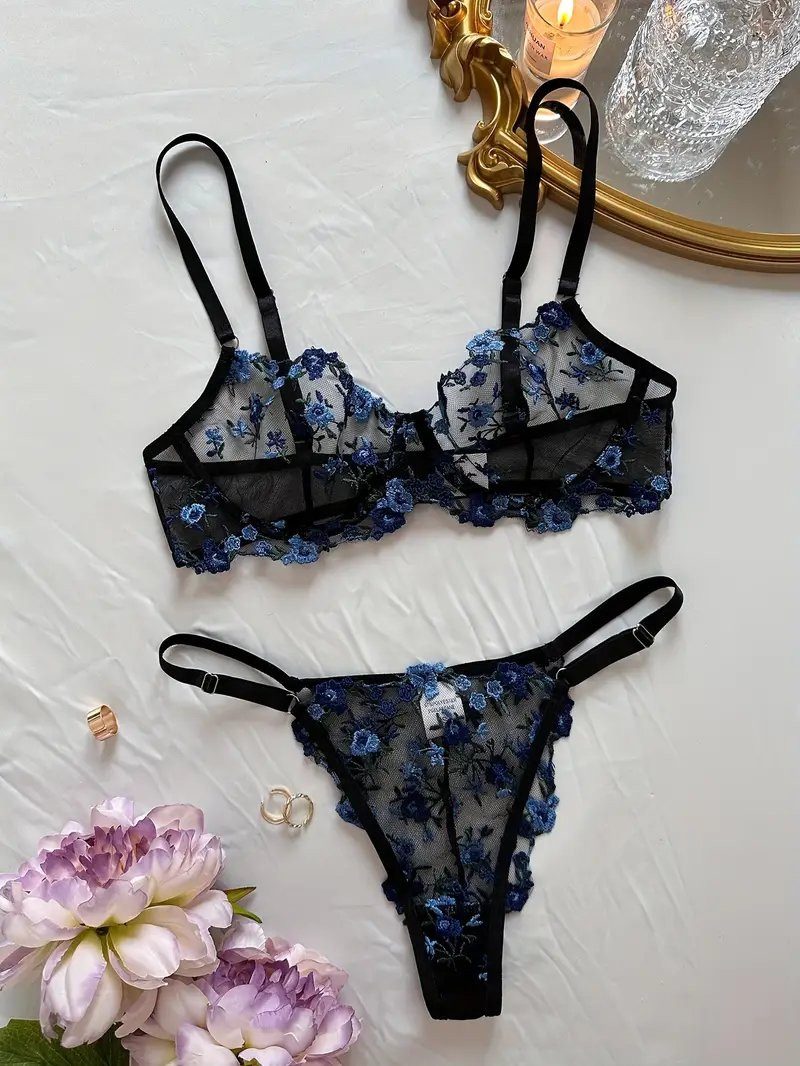 Besticktes BH Set | Dessous Set mit Blumenmuster - Embroidery Lingerie Set, 2-tlg