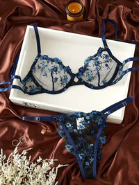 Sexy BH-Set mit Blumenmuster, 2-tlg., besticktes Dessous-Set mit String, luxuriöse Unterwäsche für Damen