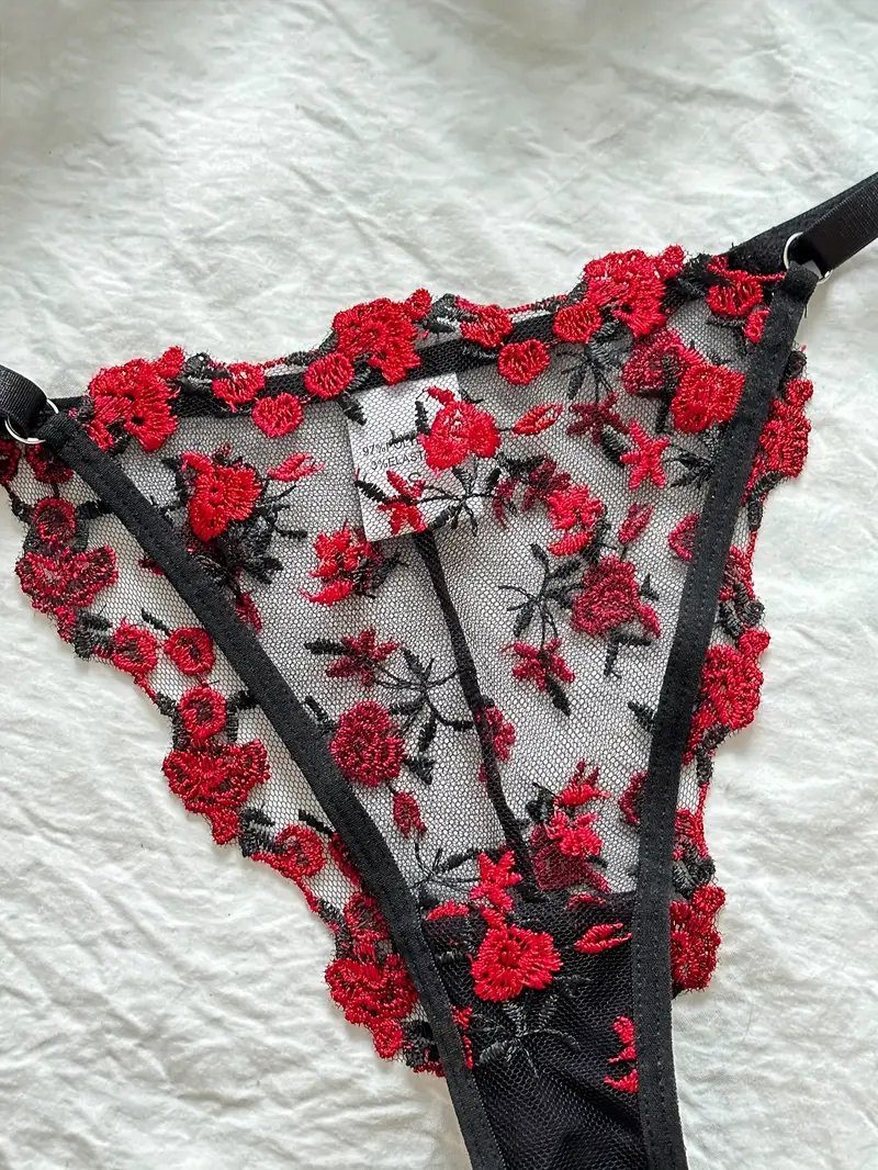 Sexy BH-Set mit Blumenmuster, 2-tlg., besticktes Dessous-Set mit String, luxuriöse Unterwäsche für Damen