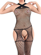 Neckholder Netz Bodystocking mit offenem Schritt | Catsuit, Schwarz