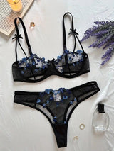 Transparentes Dessous-Set, 2-teiliges besticktes Lingerie-Set für Damen, eleganter BH und String