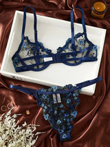 Sexy BH-Set mit Blumenmuster, 2-tlg., besticktes Dessous-Set mit String, luxuriöse Unterwäsche für Damen