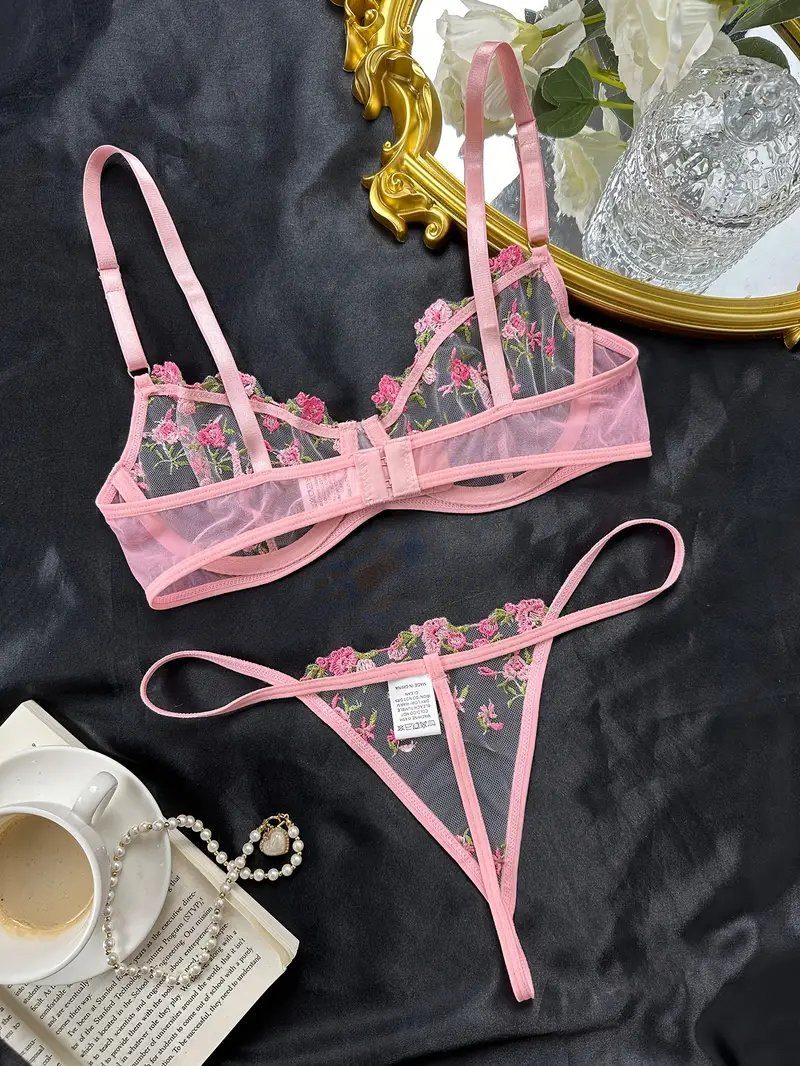 Sexy Dessous-Set, Damenunterwäsche (2-teiliges Set mit String), verführerische Reizwäsche, bestickter BH und Tanga