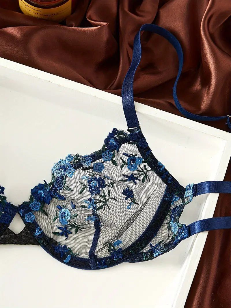 Sexy BH-Set mit Blumenmuster, 2-tlg., besticktes Dessous-Set mit String, luxuriöse Unterwäsche für Damen