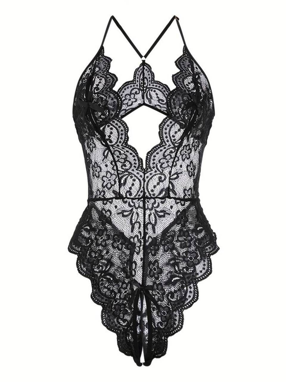 Body ouvert, sexy lace body with open crotch, lingerie with crossed back (set, 1 piece) lingerie with floral lace &amp; bow, erotic women's underwear 