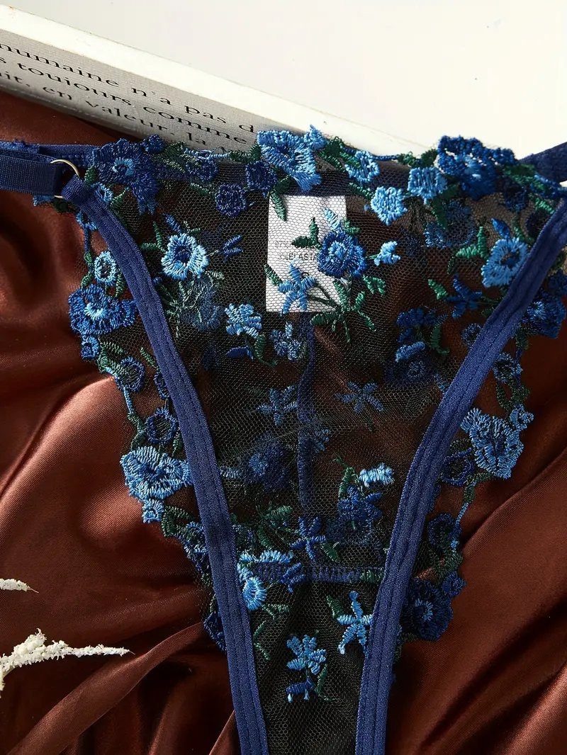 Sexy BH-Set mit Blumenmuster, 2-tlg., besticktes Dessous-Set mit String, luxuriöse Unterwäsche für Damen