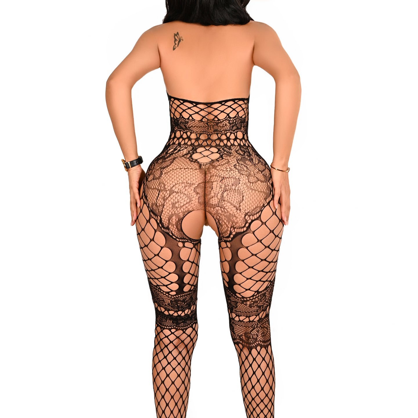Bodystocking ouvert: Sexy women's bodystocking made of floral lace with ouvert, erotic lingerie. Erotic bodystocking made of floral lace with ouvert (1 piece), halterneck mesh body, backless.