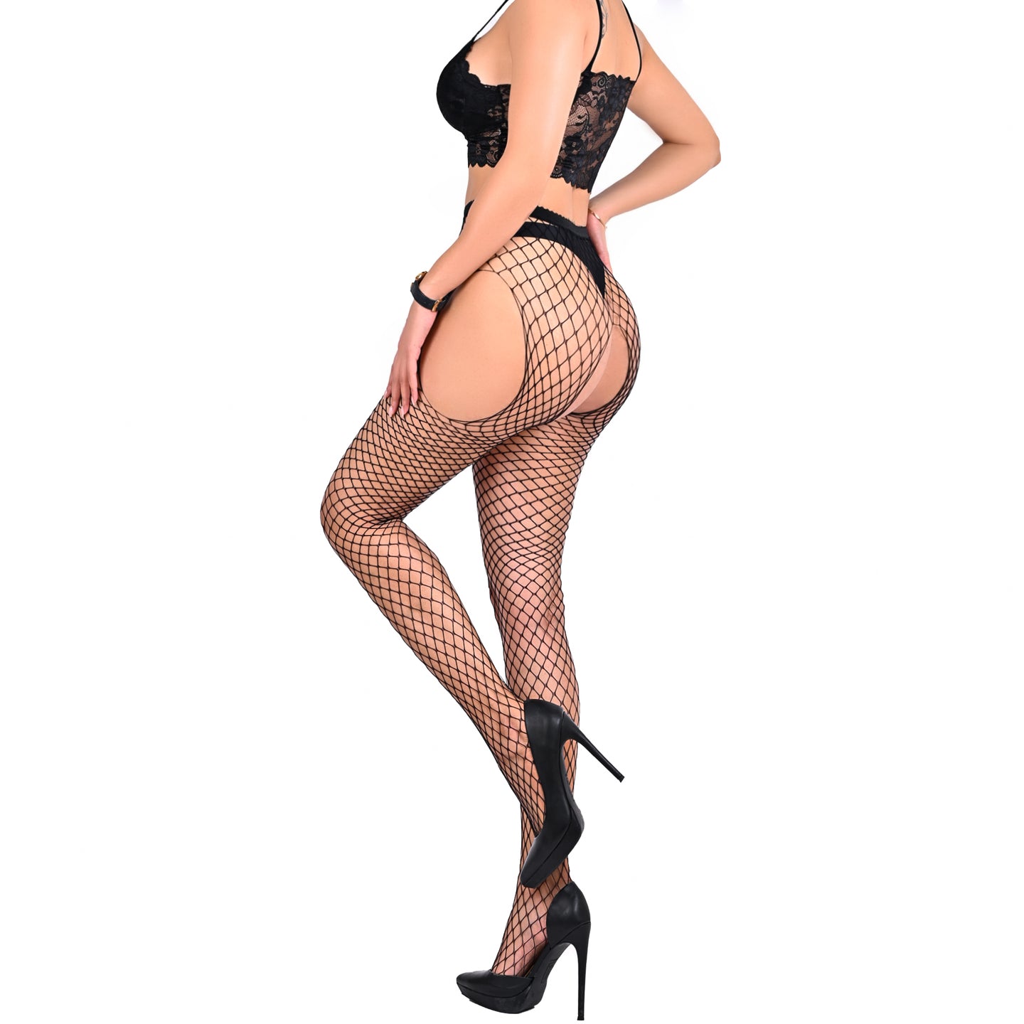 Ouvert Tights Hold-Up Suspender Belt Stockings - Fishnet Stockings with Jacquard Lace Waistband, One Size, Open Crotch (1 Piece)
