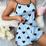 Pyjama Damen Herzdruck-Pyjama-Set, Schlaf- und Loungewear, Damen Schlafanzug (Set, 2 tlg., Cami-Top und Shorts) Damen-Schlafbekleidung, Nachtwäsche für Frauen, Bequeme Schlafkleidung
