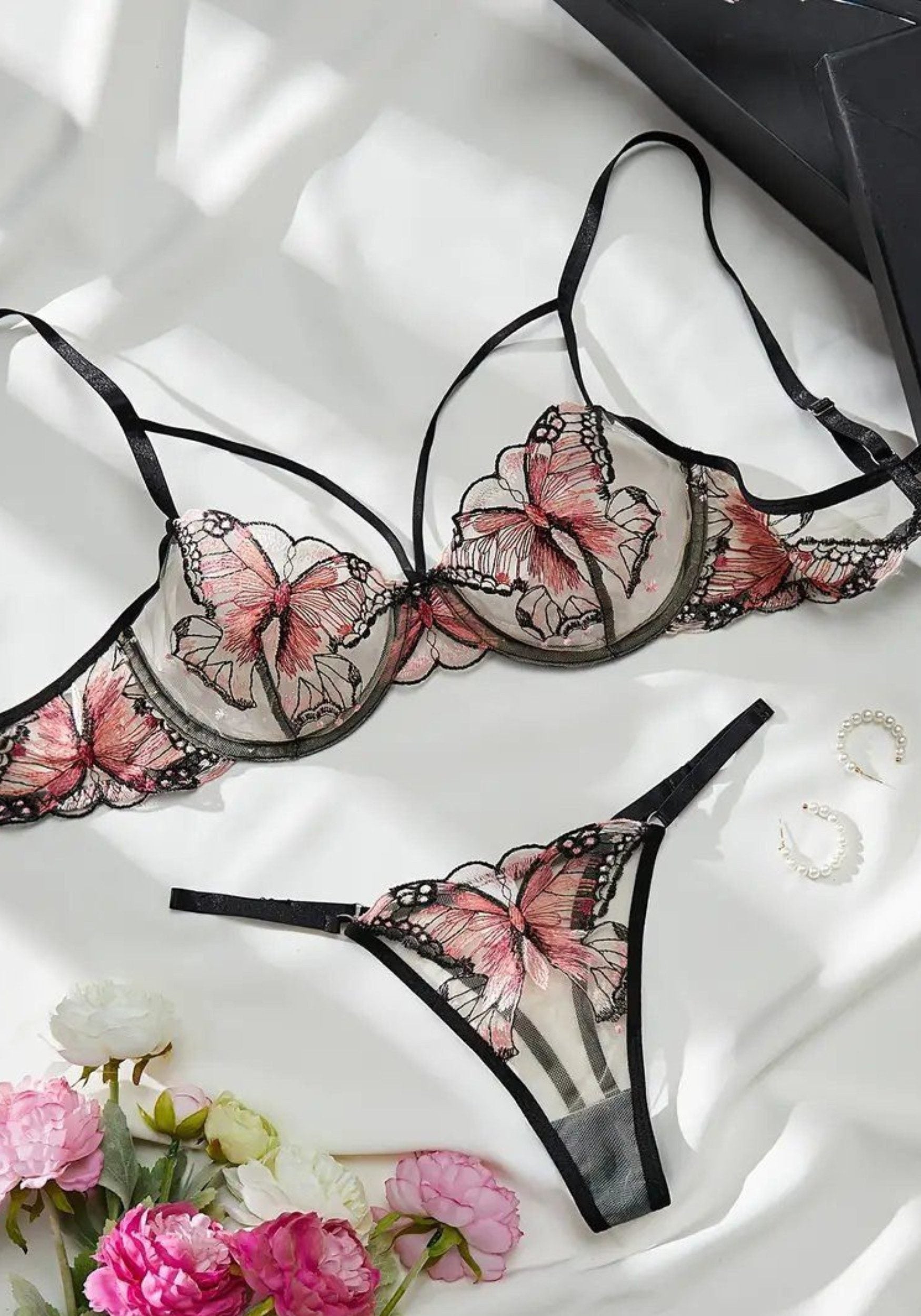 Sexy Dessous set | Besticktes BH-Set aus Stickereispitze,Schmetterling BH