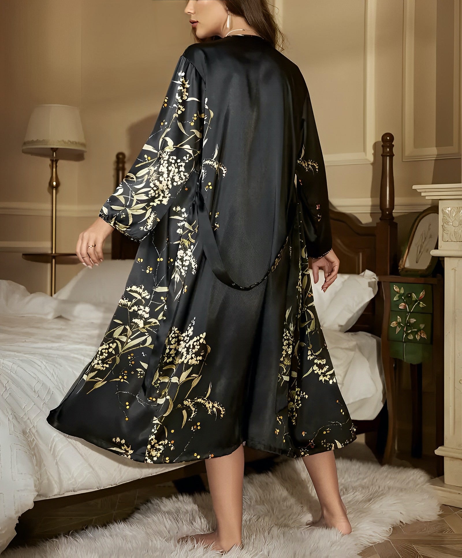 Housecoats, Dressing Gown Floral Print Satin Pajama Set, Women's Loungewear &amp; Sleepwear, 2 Pieces Women's Belted Sleep Dress Long Sleeve Belted Robe and Cowl Neck Underdress 