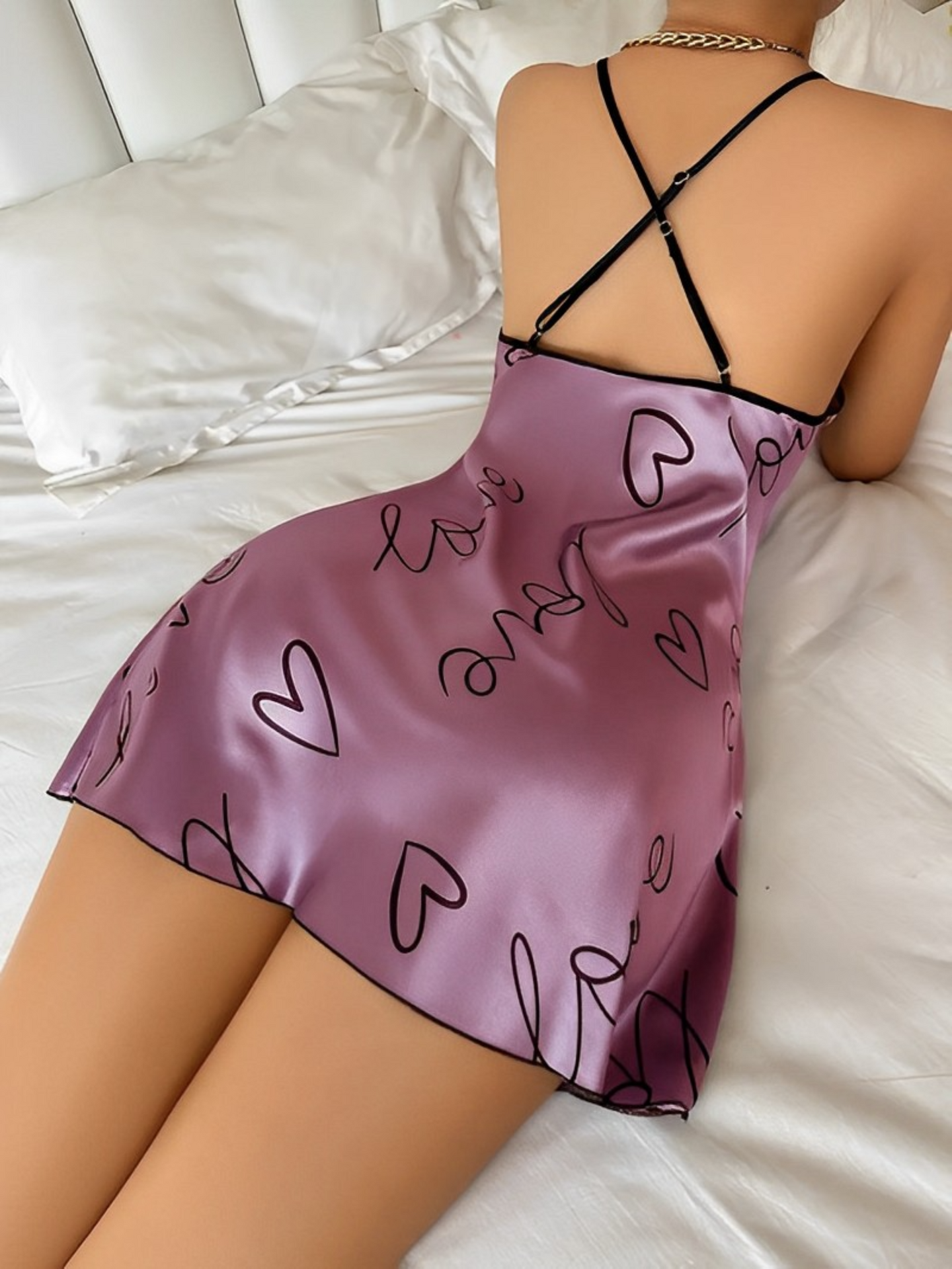 Casual Heart Letter Print Satin Slip Nightdress 1 Piece Sexy Negligee for Women. Backless, ideal as nightwear &amp; loungewear for women 