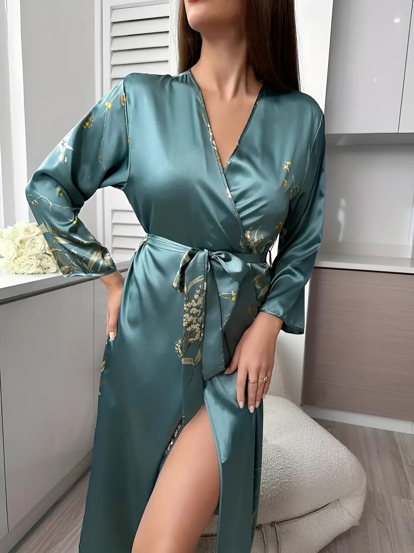 Dressing Gown Elegant Satin Floral Print Long Sleeve V Neck Belted Pajamas Satin Nightgown Nightgown Sleepwear Belt Sexy Sleepwear for Women Lingerie for Women 