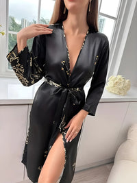 Dressing Gown Elegant Satin Floral Print Long Sleeve V Neck Belted Pajamas Satin Nightgown Nightgown Sleepwear Belt Sexy Sleepwear for Women Lingerie for Women 