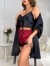 Housecoats, Dressing Gown Elegant Satin Pajama Set, Sleepwear with Robe, 3 Pieces Lingerie Set, V-Neck Robe, Belt, Cami Top and Shorts with Lace Trim, Belt, Women's Sleepwear and Loungewear, Lingerie for Women 